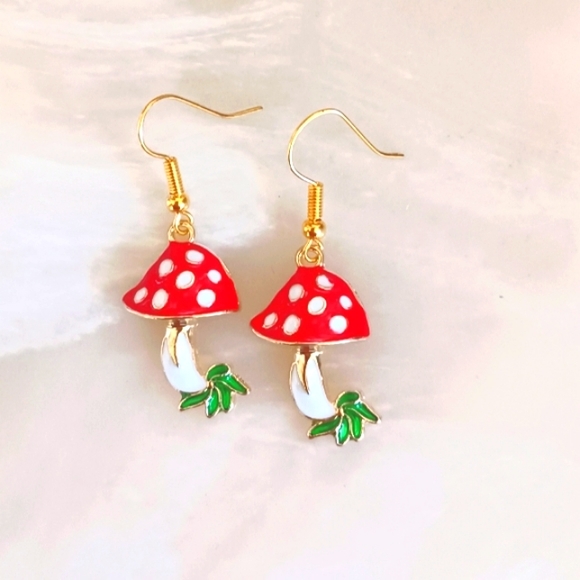 Cute Mushroom And Grass Oil Painted Handmade Earrings - Picture 1 of 2